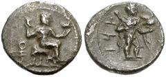 189089. Sold For $225 CILICIA, Tarsos. Tiribazos, Satrap of Lydia. Circa 386-380 BC. AR Obol (10mm, 0.57 gm). Baaltars seated right, holding eagle and resting on sceptre; monogram behind / Baaltars(?)