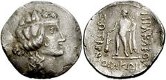 189090. Sold For $975 KINGS of THRACE. Kotys III. Circa 30-20 BC. AR Tetradrachm (34mm, 15.93 gm). Wreathed head of Dionysos right, somewhat degraded / HΡAKΛEOΥ ΣΩTHΡOΣ ΘΡAKΩN, Herakles standing facin