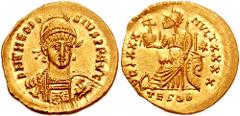 151623. Sold For $795 THEODOSIUS II. 402-450 AD. AV Solidus (21mm, 4.46 gm). Thessalonica mint. Struck 430-440 AD. D N THEODOSIVS P F AVG, diademed and helmeted three-quarter facing bust, holding spea