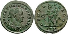 152236. Sold For $160 MAXIMIANUS. Second reign, 307-308 AD. Æ Follis (28mm, 8.42 gm). Treveri (Trier) mint. D N MAXIMIANO P F S AVG, laureate, draped, and cuirassed bust right / GENIO POP ROM, Genius 