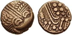 194297. Sold For $1295 CELTIC, Britain. Belgai. Circa 55-45 BC. AV Stater (16mm, 4.94 gm). Cheriton type. Wreath motif with outward-facing leaves, three parallel cabled lines, and hidden smiling face 