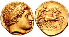 194510. Sold For $1975 KINGS of MACEDON. Philip II. 359-336 BC. AV Stater (17mm, 8.61 gm). Kolophon mint. Struck under Philip III, circa 323-319 BC. Laureate head of Apollo right / ΦIΛIΠΠOΥ in exergue