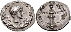 155177. Sold For $1950 CAIUS CAESAR. 27 BC-14 AD. AR Denarius (20mm, 3.65 gm, 7h). Uncertain mint. Struck under Augustus, circa 17 BC. CA-ES-AR, bare, youthful head (Caius Caesar?) right within oak wr