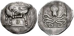197795. Sold For $8750 EUBOIA, Eretria. Circa 500-465 BC. AR Stater (27mm, 8.03 gm, 1h). Cow standing left, scratching head with its hind foot; E (reverted) below / Octopus in incuse square. BCD 307 (
