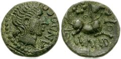 156923. Sold For $975 CELTIC BRITAIN. Trinovantes. Andoco. Circa 10 BC-10 AD. Æ 15mm (1.64 gm, 12h). ANDOCO, diademed head right / ANDOCO, bridled horse galloping right; rosette and pellet-in-ring mot