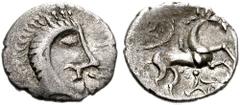159097. Sold For $245 CELTIC, Britain. Iceni. Queen Boudicca. Late 1st century BC. AR Unit (15mm, 1.20 g, 6h). 'Horse/Face' type. Celticized head right; ornaments to right / Horse right; wheel above, 