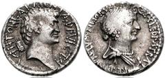 300105. Sold For $7500 MARK ANTONY and CLEOPATRA. 34 BC. AR Denarius (17mm, 3.21 g, 1h). Alexandria mint. ANTONI ARMENIA DEVICTA, bare head of Antony right; Armenian tiara behind / CLEOPATRA (sic) REG