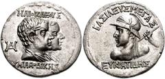 162226. Sold For $6750 BAKTRIA, Greco-Baktrian Kingdom. Eukratides I. Circa 171-145 BC. AR Tetradrachm (29mm, 16.74 g, 12h). BAΣIΛEΥΣ MEΓAΣ EΥKΡATIΔHΣ, heroic bust left, wearing helmet adorned with bu