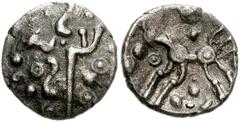 768079. Sold For $295 CELTIC BRITAIN, Dobunni. Antedrig. Circa 10 BC-AD 10. AR Unit. Head type. Celticized head right / Celticized horse left; pellet-in-rings flanking, pellets around. Van Arsdell 107
