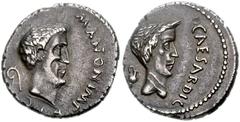 770507. Sold For $3950 Julius Caesar and Mark Antony. 43 BC. AR Denarius (17mm, 3.84 g, 10h). Military mint traveling with Antony in Cisalpine Gaul. M. ANTON. IMP. R. P. C., bare head of Mark Antony r