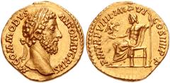 773296. Sold For $14500 Commodus. AD 177-192. AV Aureus (20mm, 7.29 g, 12h). Rome mint. Struck AD 184. M. COMMODVS ANTON AVG PIVS, Laureate head right / P M TR P VIIII. IMP VI COS IIII P. P, Jupiter s