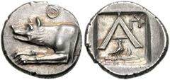 773985. Sold For $1200 ARGOLIS, Argos. Circa 270-250 BC. AR Triobol (14mm, 2.63 g, 5h). Forepart of wolf left; Q above / Large A; monogram to upper right; below, eagle standing right on harpa; all wit