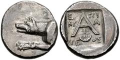 773997. Sold For $425 ARGOLIS, Argos. Circa 90-50 BC. AR Triobol (14mm, 2.38 g, 2h). Krateos, magistrate. Forepart of wolf left / Large A; star in crescent below, E-ΠI/KΡ-A/TE-OΣ in three lines across