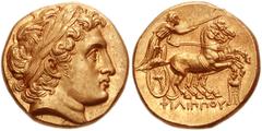 774719. Sold For $8750 KINGS of MACEDON. Philip II. 359-336 BC. AV Stater (17mm, 8.63 g, 12h). Kolophon mint. Struck under Philip III, circa 323-319 BC. Laureate head of Apollo right, with the feature