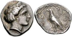 778303. Sold For $4750 ELIS, Olympia. 108th Olympiad. 348 BC. AR Stater (22mm, 11.27 g, 7h). Hera mint. Head of Hera right, wearing narrow stephanos ornamented with a palmette and lily / Eagle standin
