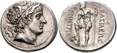 159450. Sold For $795 KINGS of MACEDON. Demetrios I Poliorketes. 306-283 BC. AR Tetradrachm (17.23 g, 1h). Chalkis mint. Struck circa 290-287 BC. Diademed and horned head right / Poseidon standing lef