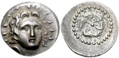 783357. Sold For $895 ISLANDS off CARIA, Rhodos. Rhodes. Circa 88/42 BC-AD 14. AR Drachm (22mm, 4.08 g, 6h). Aristomachos, magistrate. Radiate head of Helios facing slightly right / Rose seen from abo