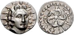 780923. Sold For $895 ISLANDS off CARIA, Rhodos. Rhodes. Circa 88/42 BC-AD 14. AR Drachm (20mm, 4.13 g, 9h). Jason, magistrate. Radiate head of Helios facing slightly right / Rose seen from above; IAΣ