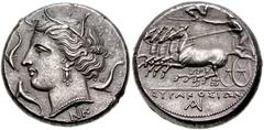 783871. Sold For $4250 SICILY, Syracuse. Agathokles. 317-289 BC. AR Tetradrachm (25mm, 17.21 g, 10h). Struck circa 317-310 BC. Head of Arethusa left, wearing grain ear wreath, triple-pendant earring, 