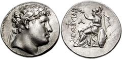 782065. Sold For $7750 KINGS of PERGAMON. Eumenes I. 263-241 BC. AR Tetradrachm (29mm, 16.93 g, 12h). Struck circa 255/0-241 BC. Laureate head of Philetairos right / ΦIΛETAIΡOΥ, Athena enthroned left,