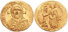 784127. Sold For $5750 Justinian II. First reign, 685-695. AV Solidus (20mm, 4.41 g, 6h). Constantinople mint. Struck 692-695. IhS CRISTOS REX REGNANTIUM, facing bust of Christ Pantokrator, raising ri