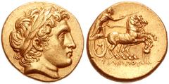 789922. Sold For $8750 KINGS of MACEDON. Philip II. 359-336 BC. AV Stater (18mm, 8.60 g, 7h). Kolophon mint. Struck under Philip III, circa 323-319 BC. Laureate head of Apollo right, with the features