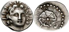 783359. Sold For $595 ISLANDS off CARIA, Rhodos. Rhodes. Circa 88/42 BC-AD 14. AR Drachm (19mm, 3.96 g, 3h). Phainilas, magistrate. Radiate head of Helios facing slightly right / Rose seen from above;