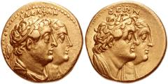 799235. Sold For $5750 PTOLEMAIC KINGS of EGYPT. Ptolemy II Philadelphos, with Arsinöe II, Ptolemy I, and Berenike I. 285-246 BC. AV Tetradrachm (20mm, 13.81 g, 12h). Alexandreia mint. Struck circa 26