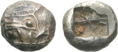 806168. Sold For $7500 LYCIA, Phaselis. Circa 550 BC. AR Stater (19mm, 10.81 g). Prow of galley right, terminating in a boar's forepart / Rough quadripartite incuse square. Heipp-Tamer series 1, em. 1