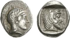 806145. Sold For $8500 DYNASTS of LYCIA. Kherei. Circa 440/30-410 BC. AR Stater (17mm, 8.51 g, 6h). Telmessos mint. Helmeted head of Athena right, wearing crested Attic helmet decorated with four oliv