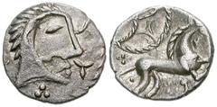 824396. Sold For $395 CELTIC, Britain. Iceni. "Queen Boudicca". Circa AD 61. AR Unit (13mm, 1.22 g, 12h). Celticized head right; trefoil ornaments to right / Celticized horse right; wheel-like object 