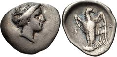 831006. Sold For $395 ELIS, Olympia. 109th-110th Olympiad. 344/0 BC. AR Hemidrachm (17mm, 1.88 g, 5h). Head of Olympia right / Eagle standing left on stone, head right, with wings raised; F A across f