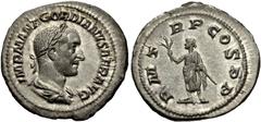 841919. SOLD $4250 Gordian I. AD 238. AR Denarius (20mm, 3.42 g, 6h). Rome mint. Laureate, draped, and cuirassed bust right / Gordian standing facing, head left, holding olive branch and scepter. RIC 
