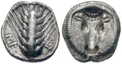 LUCANIA, Metapontion. Circa 500-465 BC. AR Diobol (1.05 gm). Estimate $200 LUCANIA, Metapontion. Circa 500-465 BC. AR Diobol (1.05 gm). Six-grained ear of barley / Incuse bucranium. Noe 293; SNG ANS 2