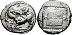 MACEDON, Akanthos. Circa 430-390 BC. AR Tetradrachm (14.49 gm). Estimate $4000 MACEDON, Akanthos. Circa 430-390 BC. AR Tetradrachm (14.49 gm). Lion, right, attacking bull kneeling to left; reversed sw