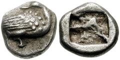 MACEDON. Eion. Circa 5th Century BC. AR Diobol (1.16 gm). Estimate $300 MACEDON. Eion. Circa 5th Century BC. AR Diobol (1.16 gm). Goose standing right, head reverted / Incuse square. SNG ANS 271. EF, 