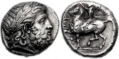 KINGS of MACEDON. Philip II. 359-336 BC. AR Tetradrachm (14.49 gm). Pella mint. Struck circa 354-348 BC. Estimate $1000 KINGS of MACEDON. Philip II. 359-336 BC. AR Tetradrachm (14.49 gm). Pella mint. 