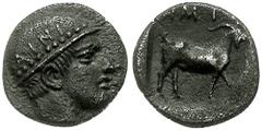 THRACE, Ainos. Circa 451-448 BC. AR Diobol (1.23 gm). Estimate $500 THRACE, Ainos. Circa 451-448 BC. AR Diobol (1.23 gm). Head of Hermes right wearing petasos inscribed AINI / Goat standing right; HMI