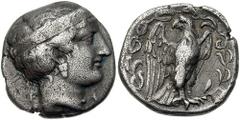 ELIS, Olympia. Circa 365-323 BC. AR Stater (11.22 gm). Estimate $1000 ELIS, Olympia. Circa 365-323 BC. AR Stater (11.22 gm). Head of Hera right, wearing stephane decorated with palmettes; F behind, A 