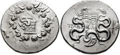 LYDIA, Tralles. Circa 128-85 BC. AR Cistophoric Tetradrachm (12.51 gm). Estimate $200 LYDIA, Tralles. Circa 128-85 BC. AR Cistophoric Tetradrachm (12.51 gm). Cista mystica with serpent; all within ivy