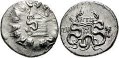 LYDIA, Tralles. Circa 128-85 BC. AR Cistophoric Tetradrachm (12.35 gm). Estimate $200 LYDIA, Tralles. Circa 128-85 BC. AR Cistophoric Tetradrachm (12.35 gm). Cista mystica with serpent; all within ivy