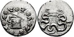LYDIA, Tralles. Circa 128-85 BC. AR Cistophoric Tetradrachm (12.56 gm). Estimate $200 LYDIA, Tralles. Circa 128-85 BC. AR Cistophoric Tetradrachm (12.56 gm). Cista mystica with serpent; all within ivy