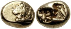 LYDIA, Uncertain. Circa 650-550 BC. EL Hekte (2.32 gm). Estimate $750 LYDIA, Uncertain. Circa 650-550 BC. EL Hekte (2.32 gm). Forepart of lion left / Double incuse punches, one with stellate pattern, 