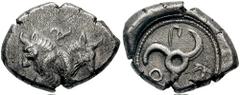 DYNASTS of LYCIA. Kuprilli. Circa 470-440 BC. AR Stater (8.36 gm). Estimate $400 DYNASTS of LYCIA. Kuprilli. Circa 470-440 BC. AR Stater (8.36 gm). Conjoined foreparts of two bulls, back to back; tris