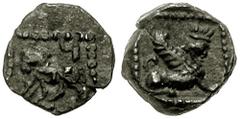 SAMARIA. Circa 375-333 BCE. AR Hemiobol (0.27 gm). Estimate $400 SAMARIA. Circa 375-333 BCE. AR Hemiobol (0.27 gm). Bridled horse left; Aramaic 'D', all within dotted square / Winged sphinx with head 