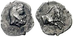 SAMARIA. Circa 375-333 BCE. AR Hemiobol (0.31 gm). Estimate $400 SAMARIA. Circa 375-333 BCE. AR Hemiobol (0.31 gm). Head of Persian satrap right, wearing bashlyk / Forepart of horse right; Aramaic 'SM