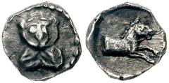 SAMARIA. Circa 375-333 BCE. AR Hemiobol (0.29 gm). Estimate $400 SAMARIA. Circa 375-333 BCE. AR Hemiobol (0.29 gm). Facing draped bust / Forepart of bridled horse right. Meshorer & Qedar 175. Toned VF