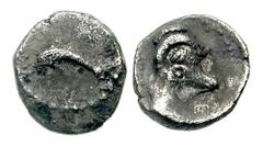 SAMARIA. Circa 375-333 BCE. AR Hemiobol (0.25 gm). Estimate $400 SAMARIA. Circa 375-333 BCE. AR Hemiobol (0.25 gm). Leaping dolphin left / Head of ram left. Meshorer & Qedar -. Toned VF. ($400) The ob