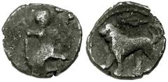 SAMARIA. Circa 375-333 BCE. AR Hemiobol (0.20 gm). Estimate $300 SAMARIA. Circa 375-333 BCE. AR Hemiobol (0.20 gm). Baaltars seated left, head turned back / Lion walking left; spearhead above. Meshore
