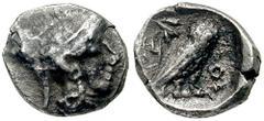 SAMARIA. Circa 375-333 BCE. AR Hemiobol (0.34 gm). Estimate $300 SAMARIA. Circa 375-333 BCE. AR Hemiobol (0.34 gm). Helmeted head of Athena right / Owl standing right; Aramaic 'D' or 'R' to left. Mesh